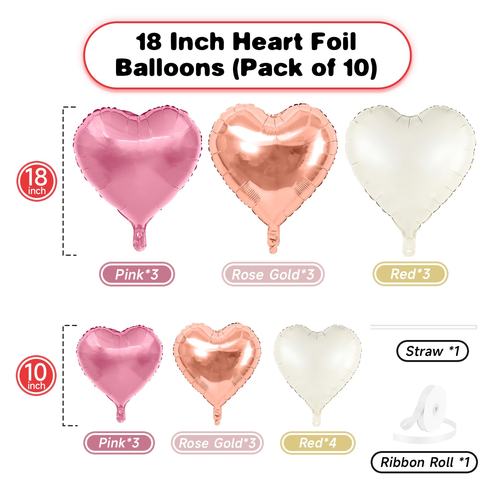 Pink White Heart Balloons, 19PCS Rose Gold and White Heart Shape