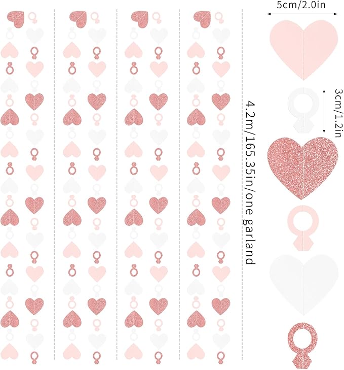 Rose-Gold Pink White Heart-Ring Garland - 52Ft Engagement
