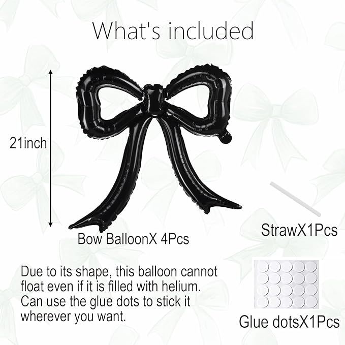 4pcs Black Bow Foil Balloons Bow Mylar Balloon Set for Coquette