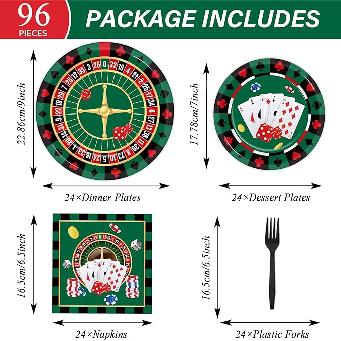 96 Pieces Casino Themed Party Tableware Set for Las Vegas Birthday