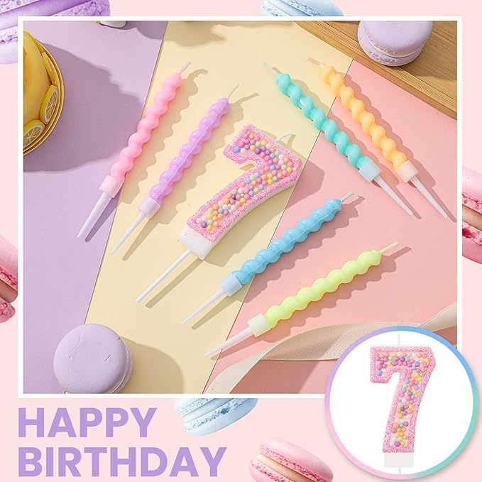 MTLEE Number 7 Birthday Candle with 12 Pcs Spiral Candles for Girls