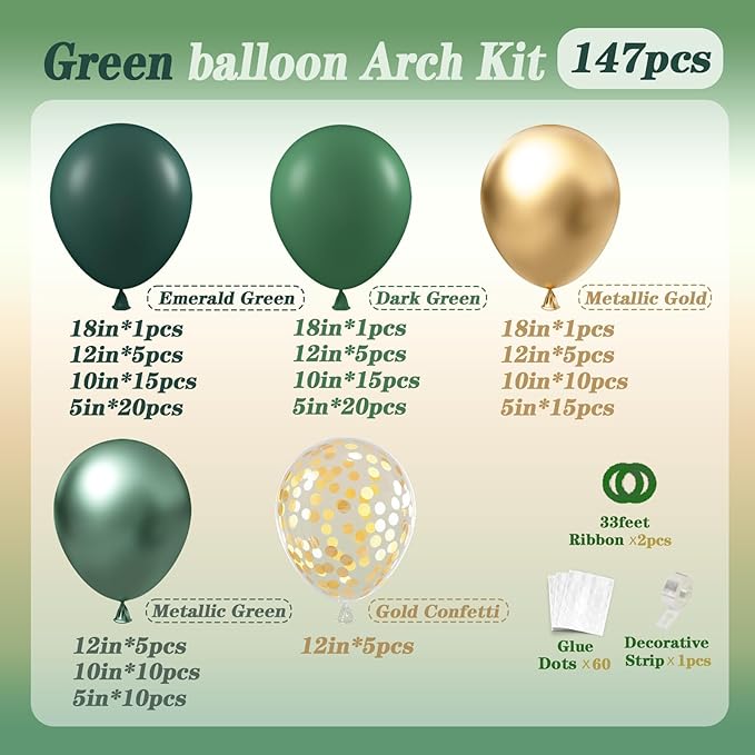 147pcs Green Balloon Garland Arch Kit, Dark Emerald Green and Gold
