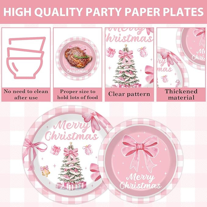 96Pcs Pink Christmas Tree Party Decorations Pink Bow Plates and