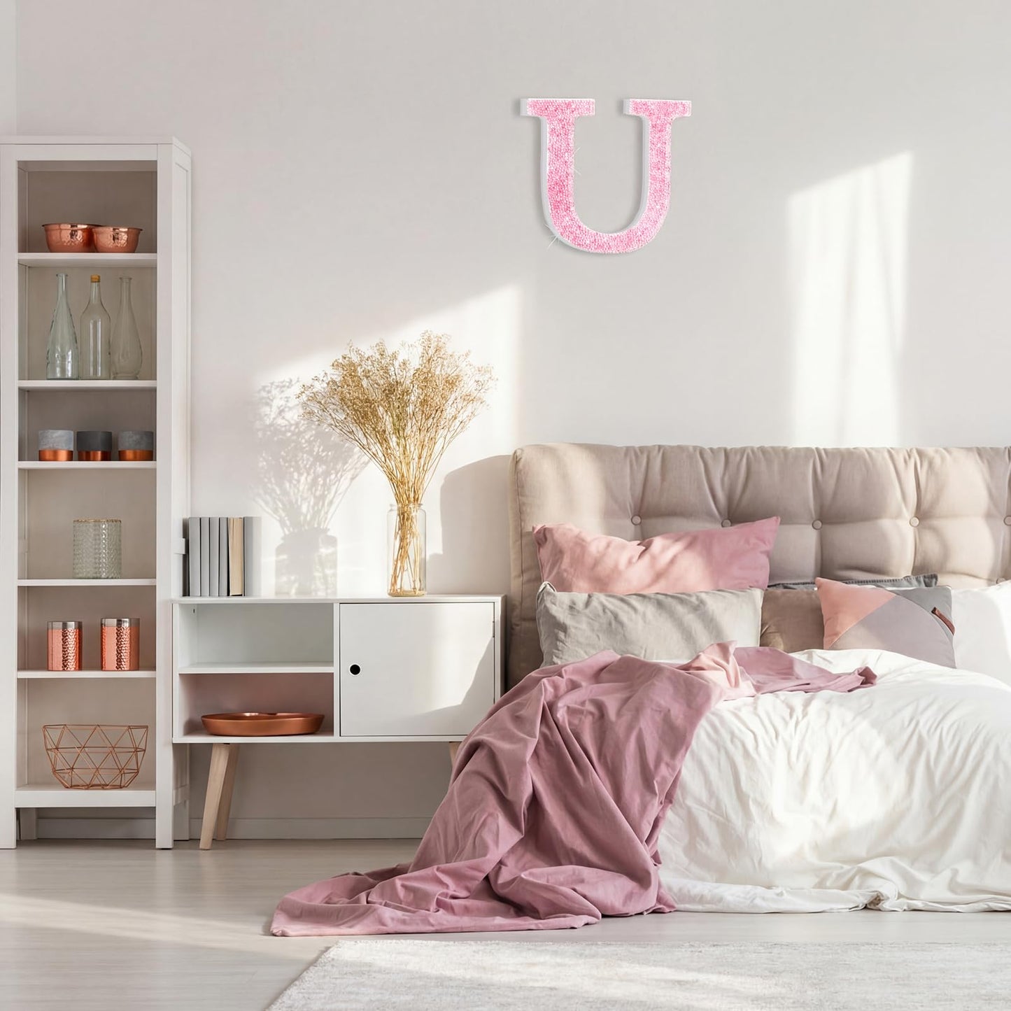 Qunclay Pink Crystal Diamond Letter Wall Decor, Glitter Wooden Bling