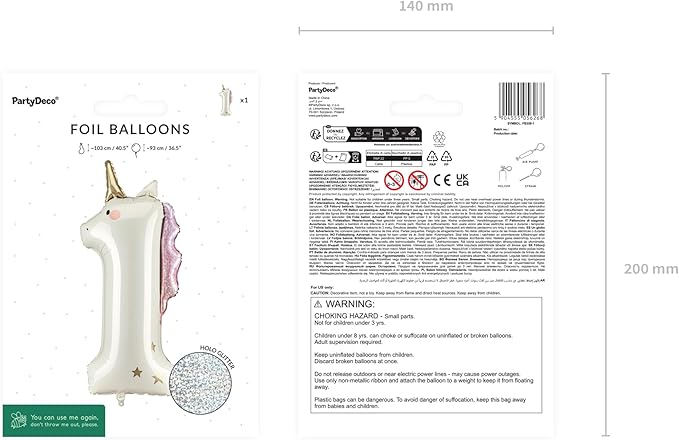 Unicorn Number 1 Balloon PartyDeco 36.5 Inch Holographic Foil 1st