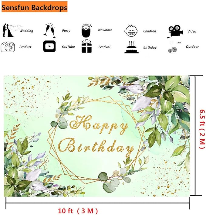 Sensfun Sage Green Happy Birthday Backdrop Banner Greenery Birthday