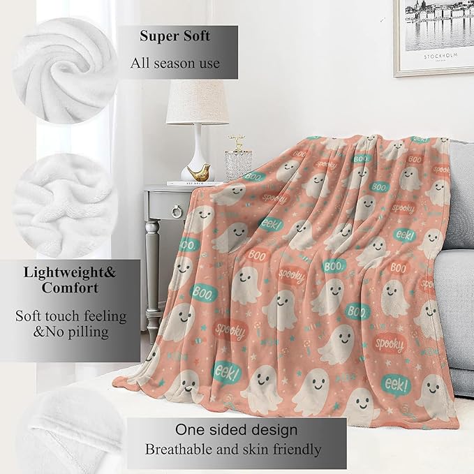 Cute Pink Ghost Blanket Halloween Fall Holiday Decor Gothic Candy