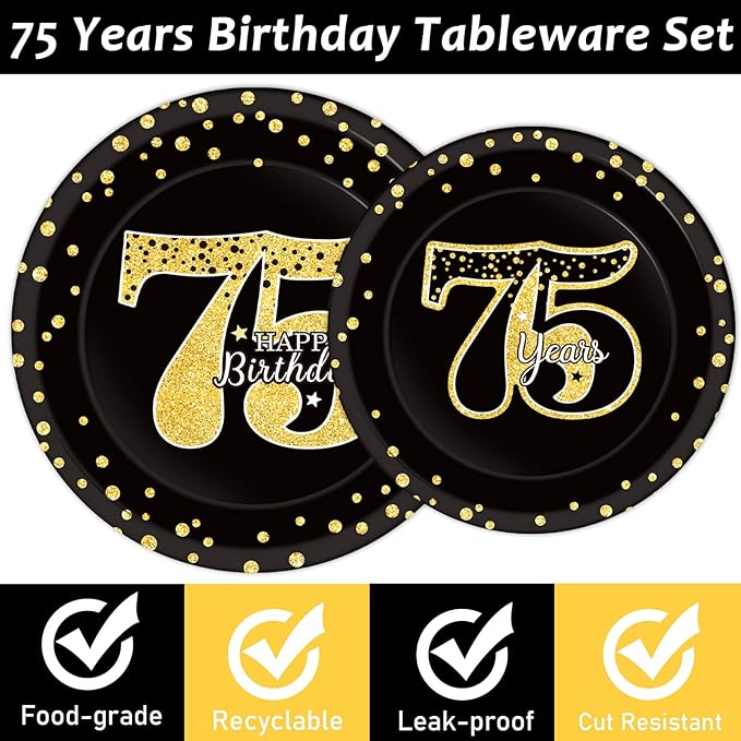 96 Pcs 75th Birthday Party Supplies 75th Birthday Tableware Plates