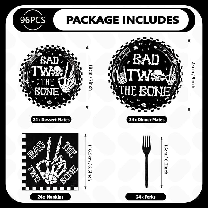 96Pcs Bad Two The Bone Party Supplies Black White Rock 2nd Birthday