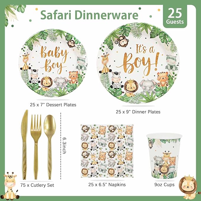 175Pcs Safari Baby Shower Decorations Plates Set Jungle Theme Zoo