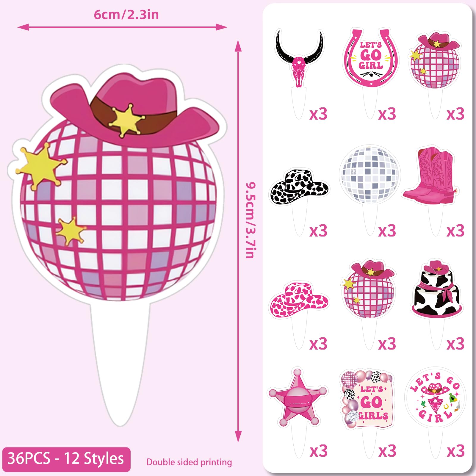Yoomod 36PCS Cowgirl Cake Cupcake Toppers for Disco Let's Go Girls