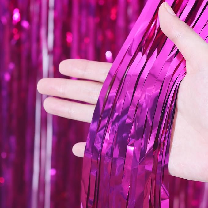 Voircoloria 3 Pack 3.3x8.2 Feet Pink Foil Fringe Backdrop Curtains,