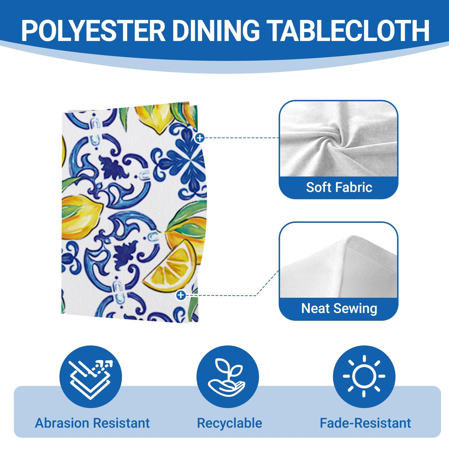 Livcoz Blue Lemon Italy Tile Pattern Round Tablecloth 70 x 70 Inches,