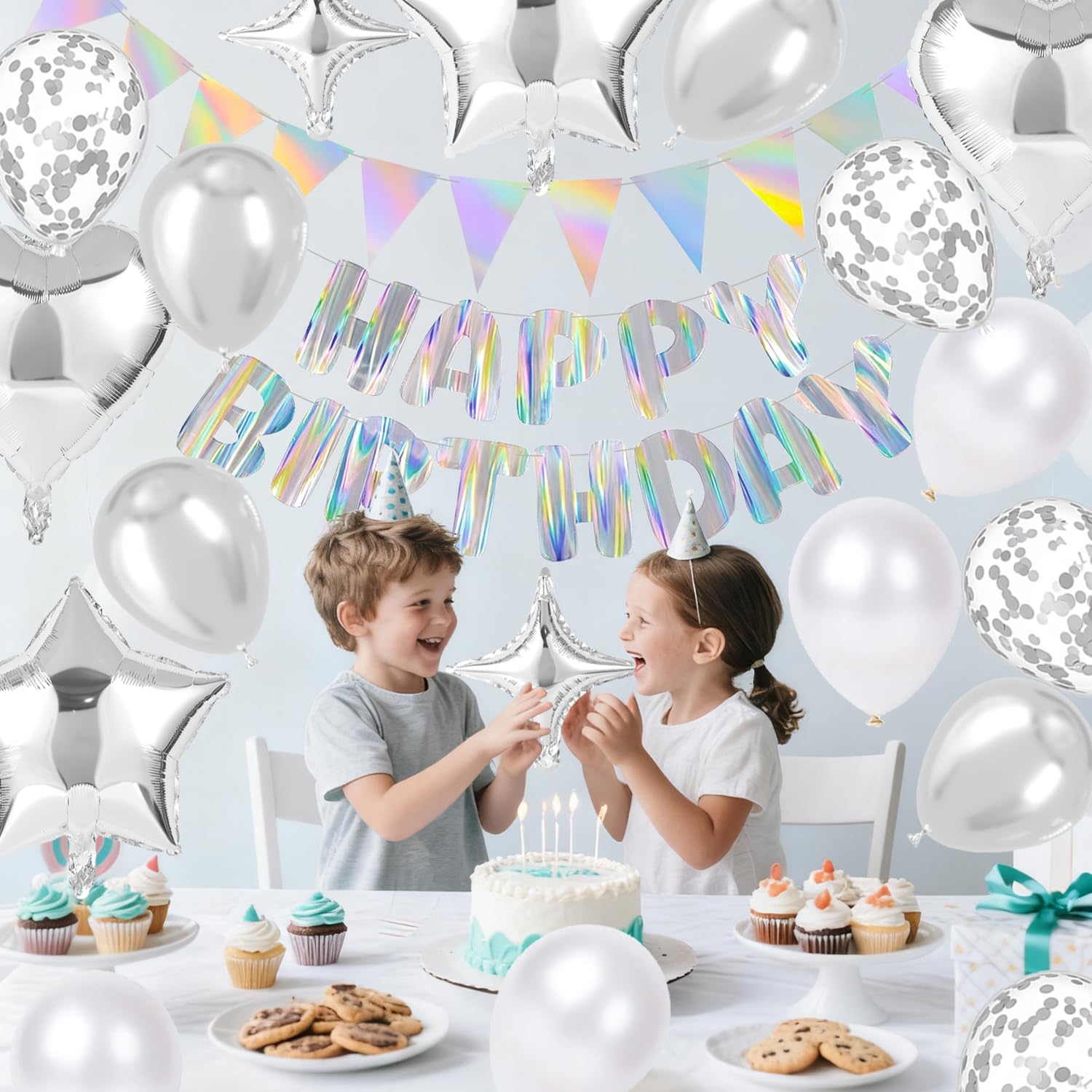 Silver Happy Birthday Decorations kit, Iridescent Happy Birthday