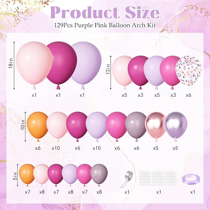 Ouddy Party Pink Purple Balloons Garland Arch Kit, Different Sizes 18