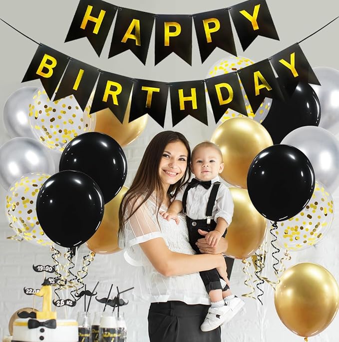 Happy Birthday Banner, Black Gold Birthday Decoration, 16 Pcs 12in