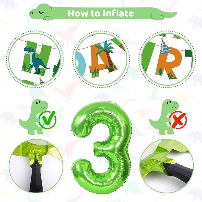 Dinosaur 3rd Birthday Party Decorations for Boys Girl Foil Green