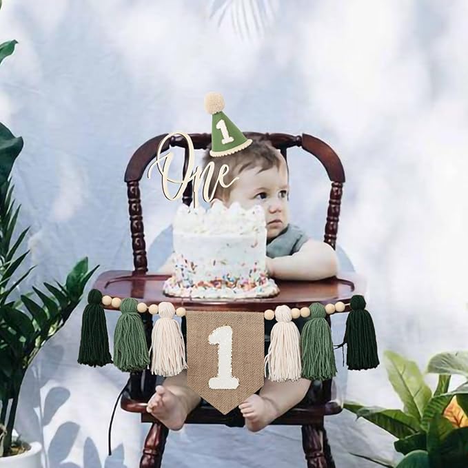 First Birthday Party Decorations Green High Chair Banner No.1 Crown