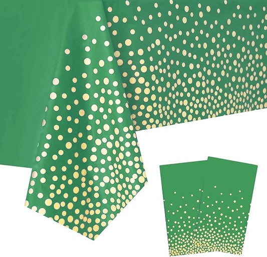 2 Packaging Green and Gold Plastic Tablecloth, 54 inch x108 inch