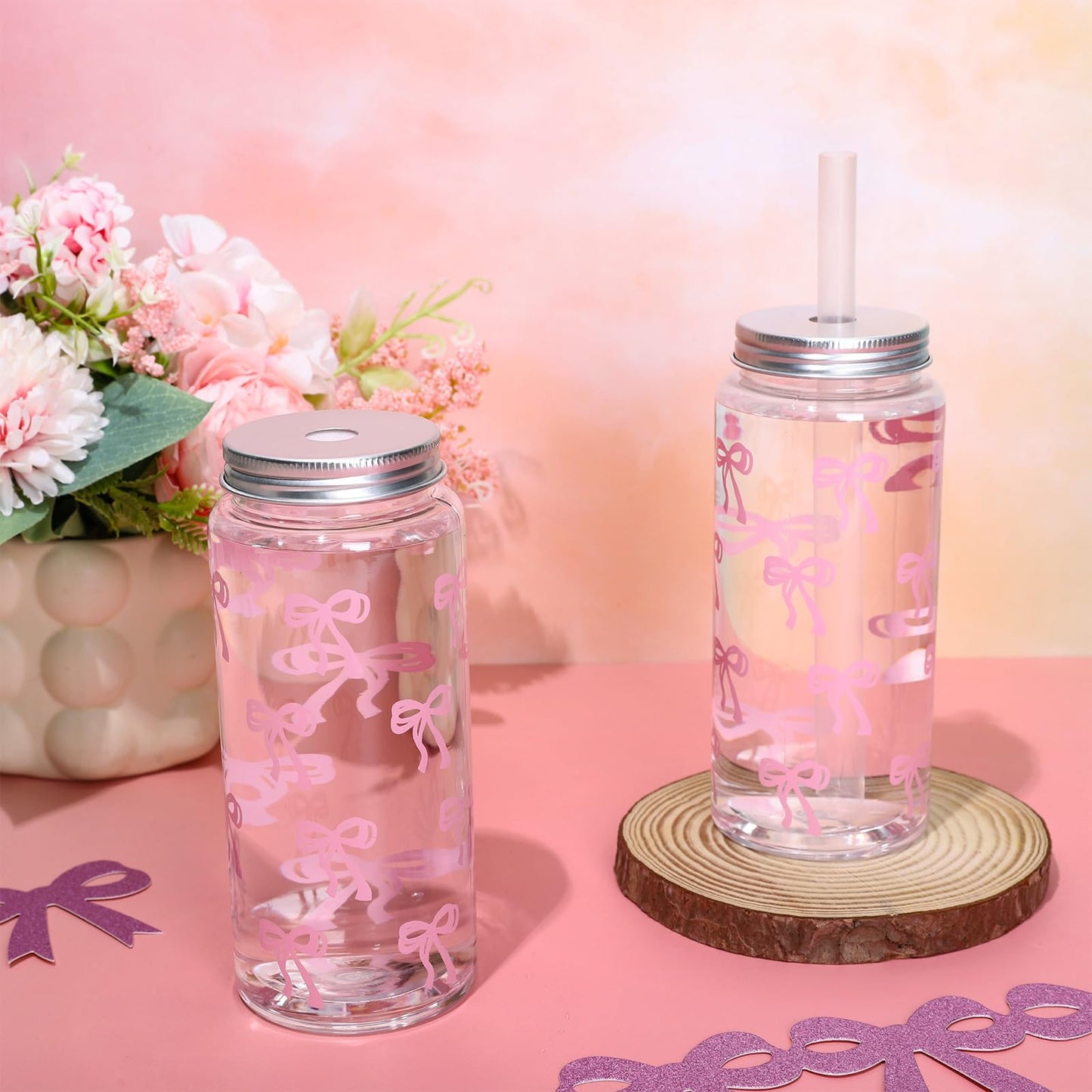 Whaline 20Pcs Pink Bow Plastic Cups with Lids and Straws Clear