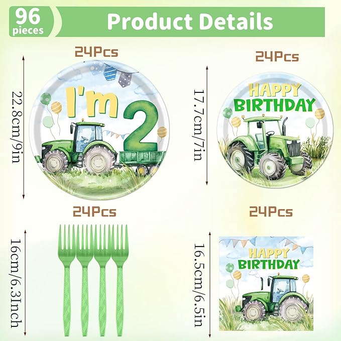 Tractor 2nd Birthday Decorations Supplies 96PCS Tractor Party Plates