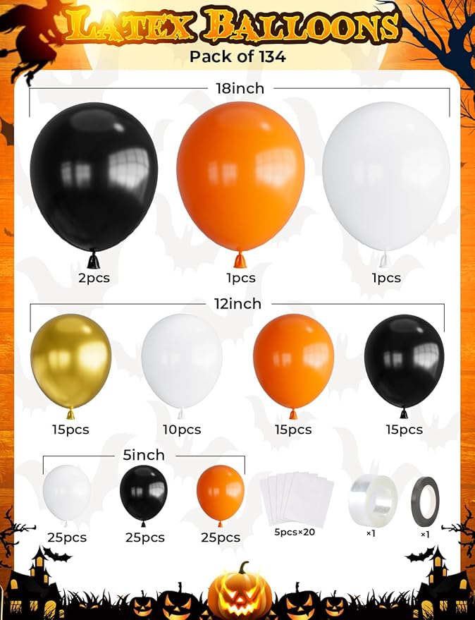 Halloween Balloon Garland Arch Kit 134 pcs Orange Black White Gold