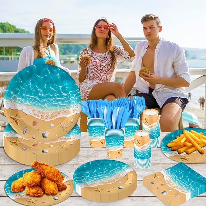 140Pcs Beach Party Supplies Ocean Waves Tableware Set Summer Beach