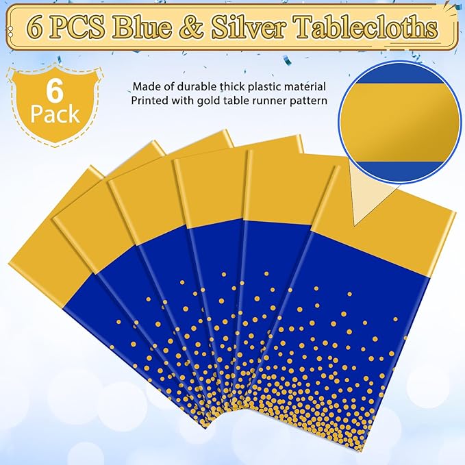 6Pcs Blue and Gold Tablecloth Party Decorations,Plastic Royal Blue