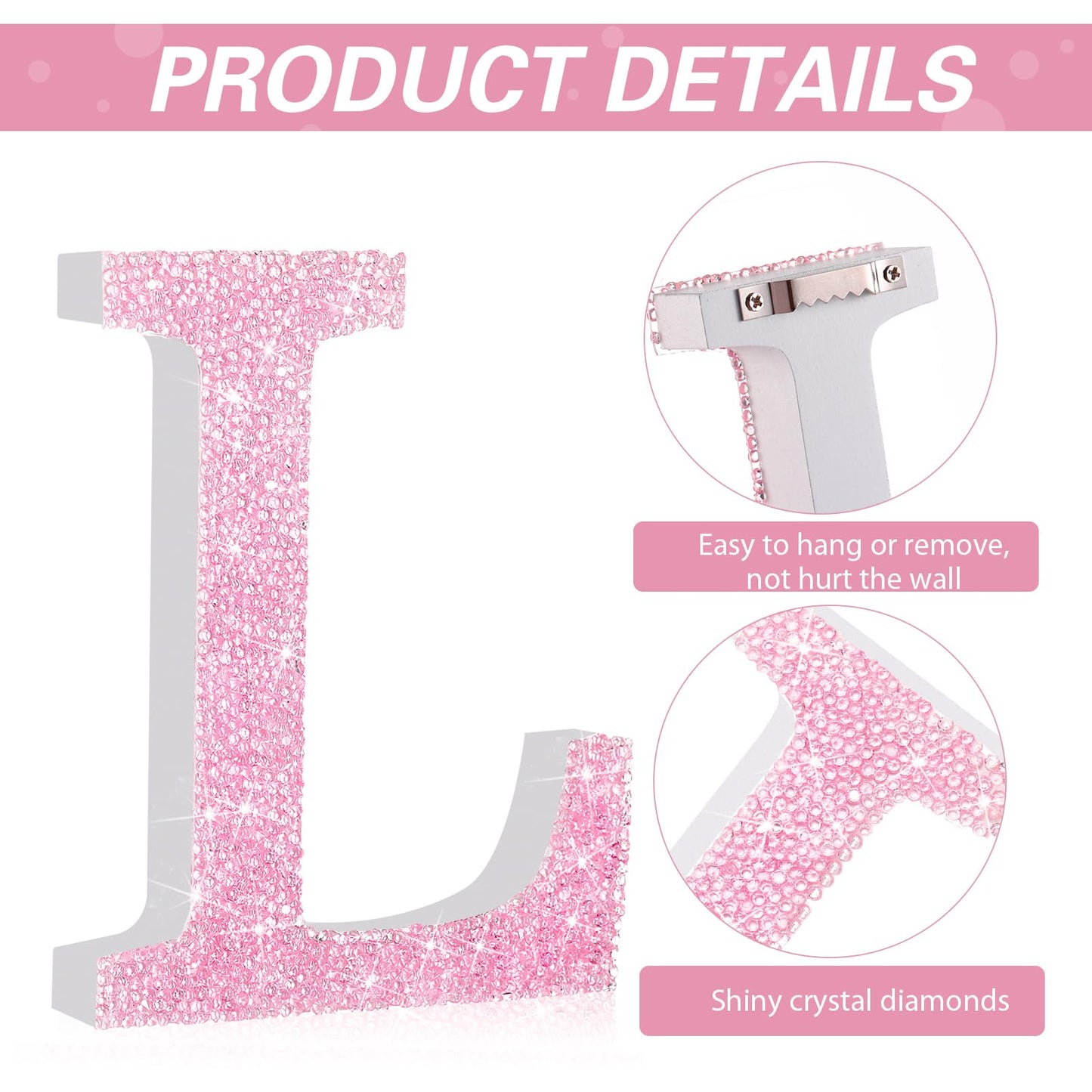 Qunclay Pink Crystal Diamond Letter Wall Decor, Glitter Wooden Bling