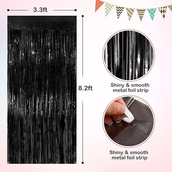 Black Metallic Tinsel Foil Fringe Curtains, 2 Pack 3.3x8.3 Feet Party