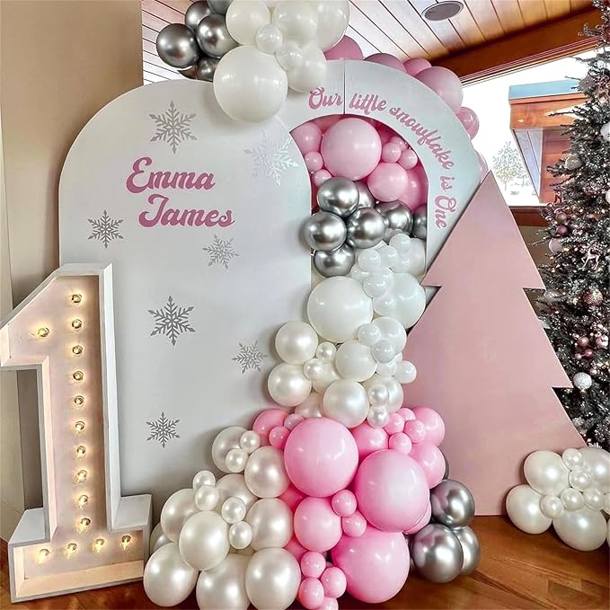 Pink and Silver Balloon Arch Kit, Pastel Pink and White Metallic