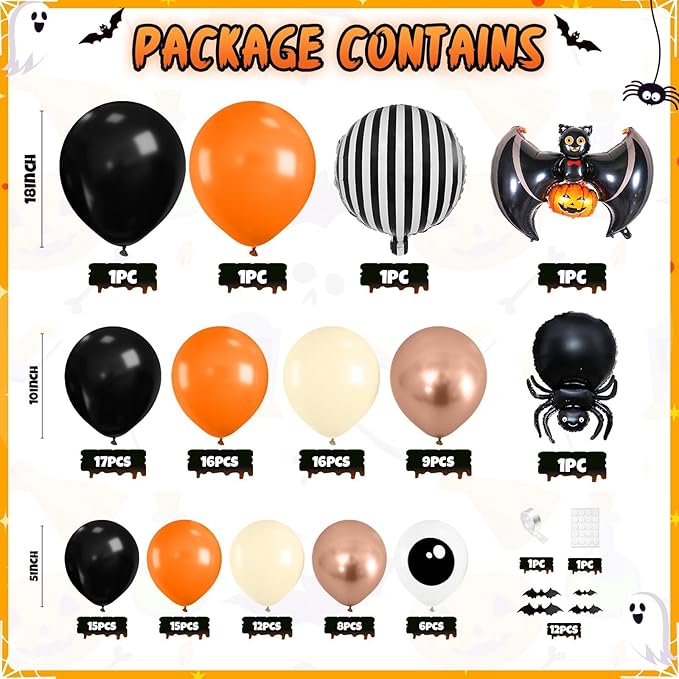 120 Pcs Halloween Orange and Black Balloon Arch Spider Bat Pumpkin