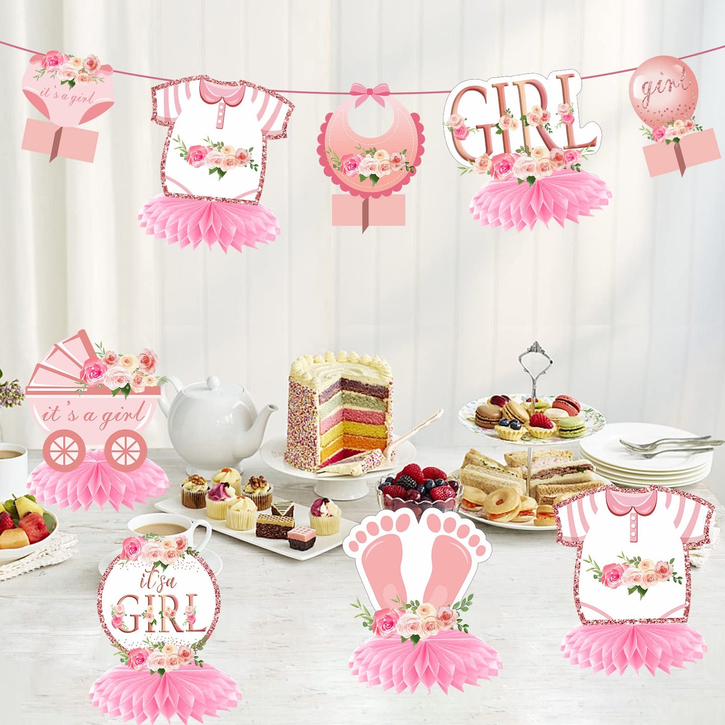 Aodocuto 12Pcs Pink Rose Gold Baby Shower Decorations Honeycomb
