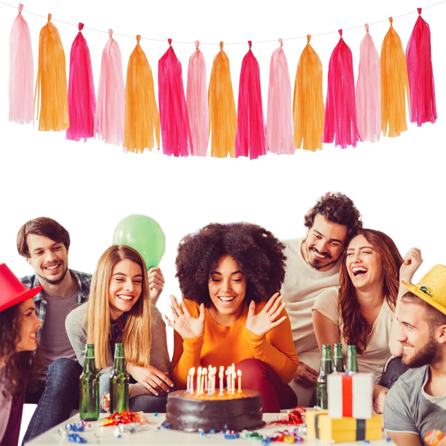 Hot-Pink Orange Fall Party-Decorations Tassel-Garland - 15pcs Groovy