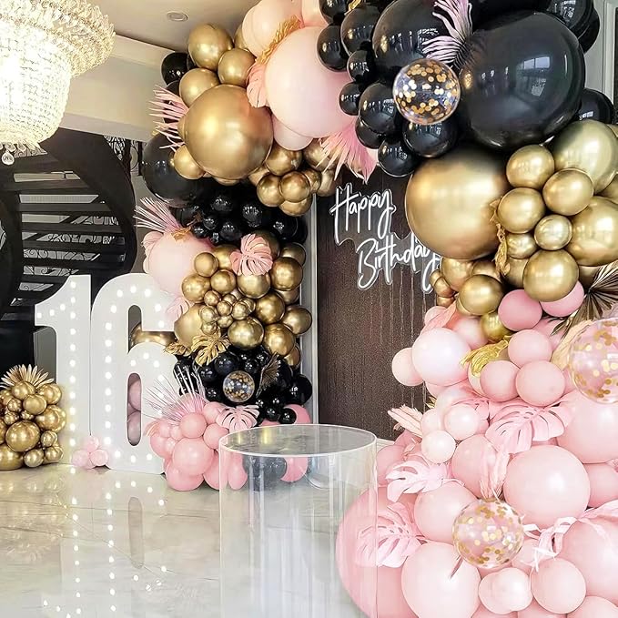 Black Pink and Gold Balloon Garland Arch Kit 156 Pastel Pink Matte