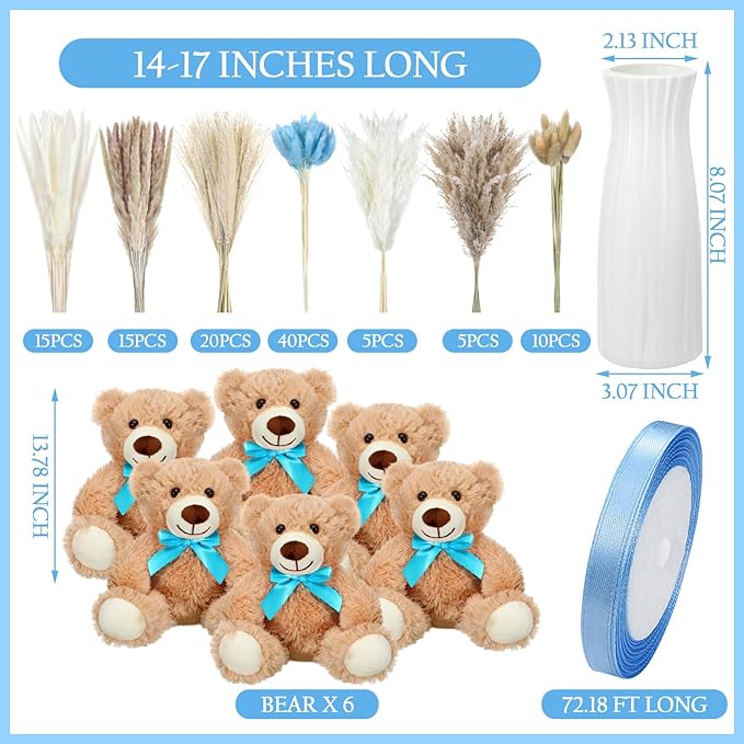 6 Sets 123 Pcs Bear Baby Shower Table Centerpieces Dried Pampas Decor