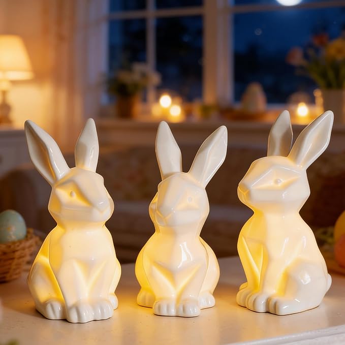 3 Pack Easter Bunny Decorations Ceramic White Rabbit Statues
