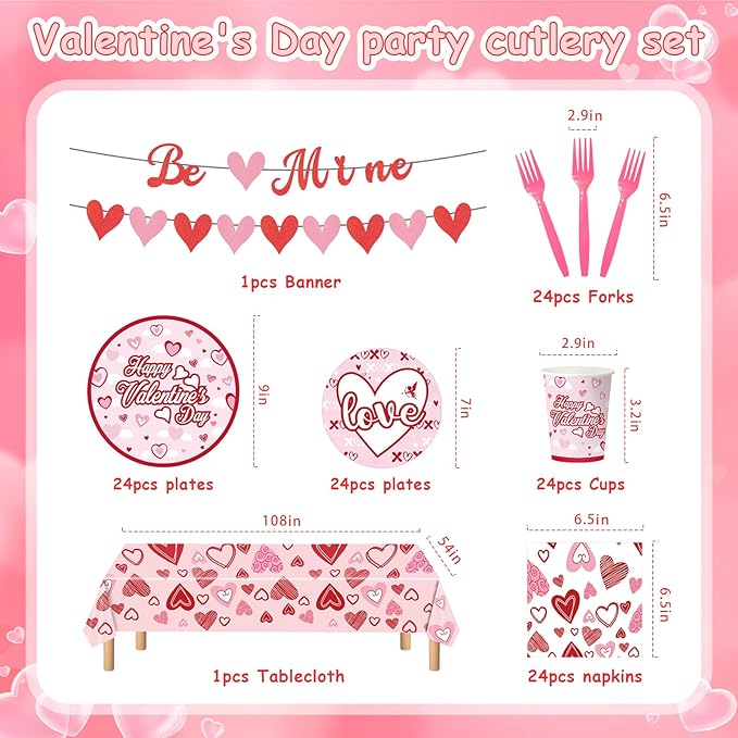 122PCS Valentine's Day Party Supplies Pink Heart Paper Plates