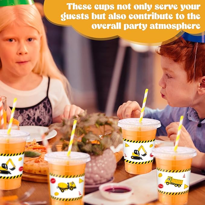 50 Sets Construction Theme Party Plastic Cups with Lids and Straws