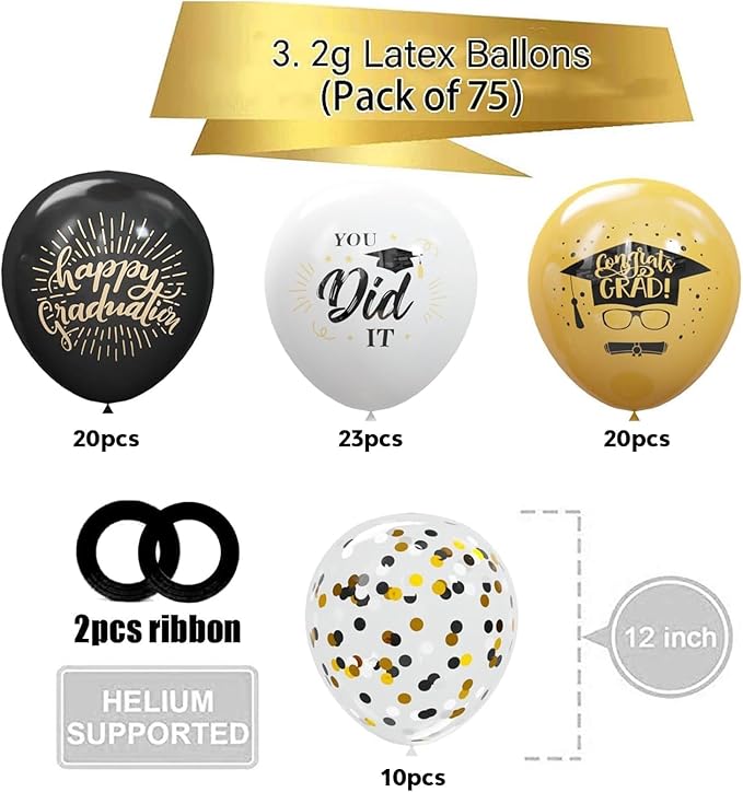 75 Pack Graduation Party Decorations Balloons Set - 12 Inch Black