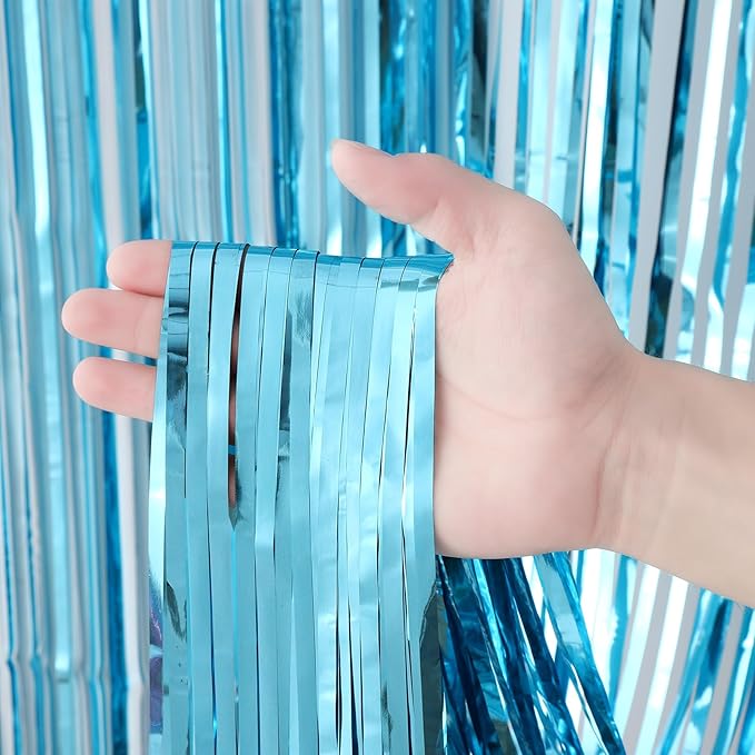 Voircoloria 3 Pack 3.3x8.2 Feet Light Blue Foil Fringe Backdrop