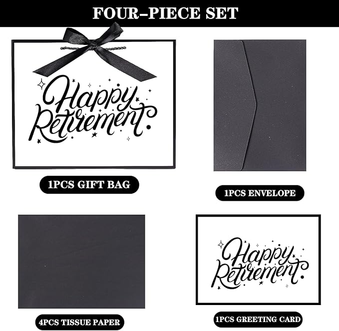 JWSCYSY 12.6" White and Metallic Black Gift Bag with Card, Ribbon and