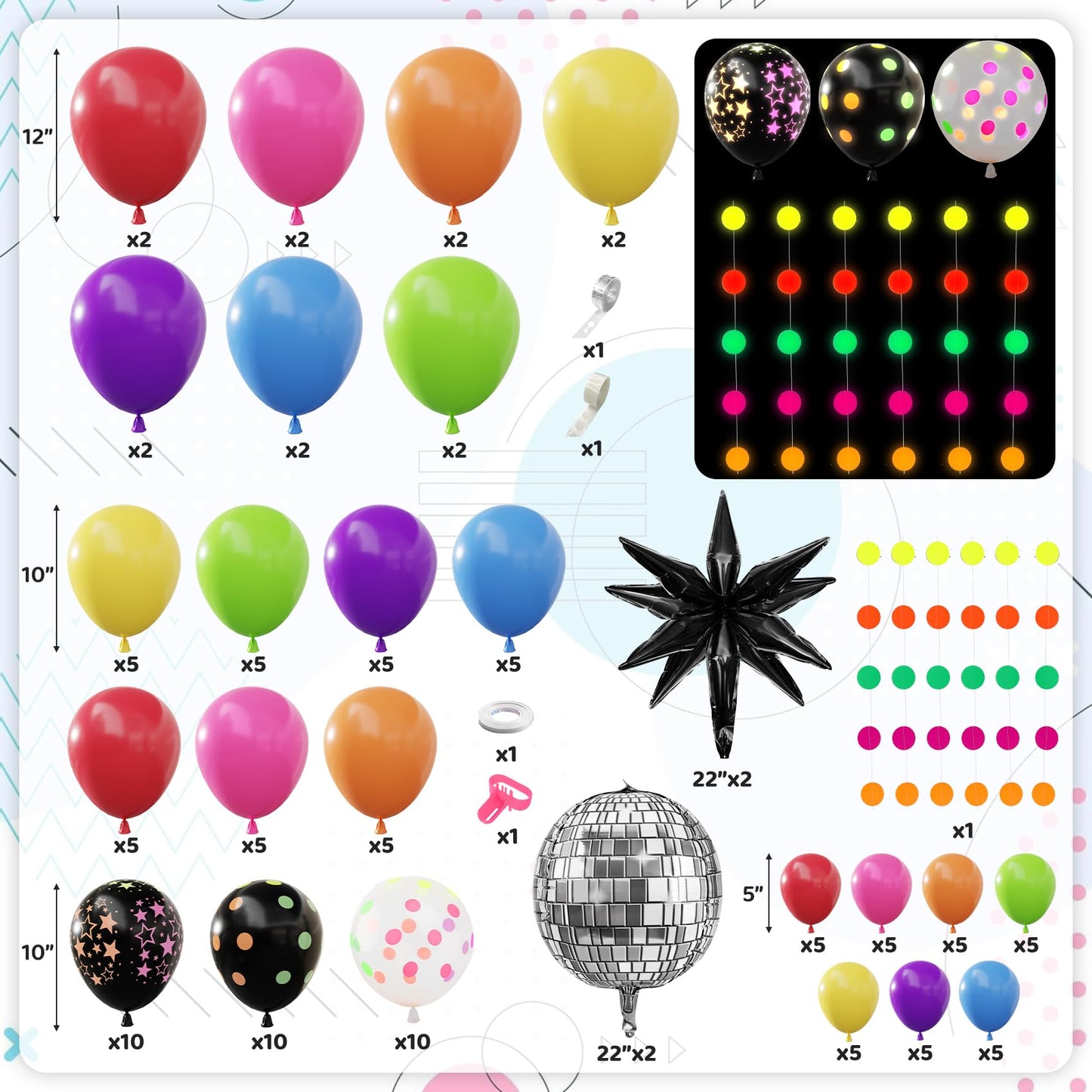 Amandir Glow in the Dark Party Decorations, 80S Disco Rainbow Balloon