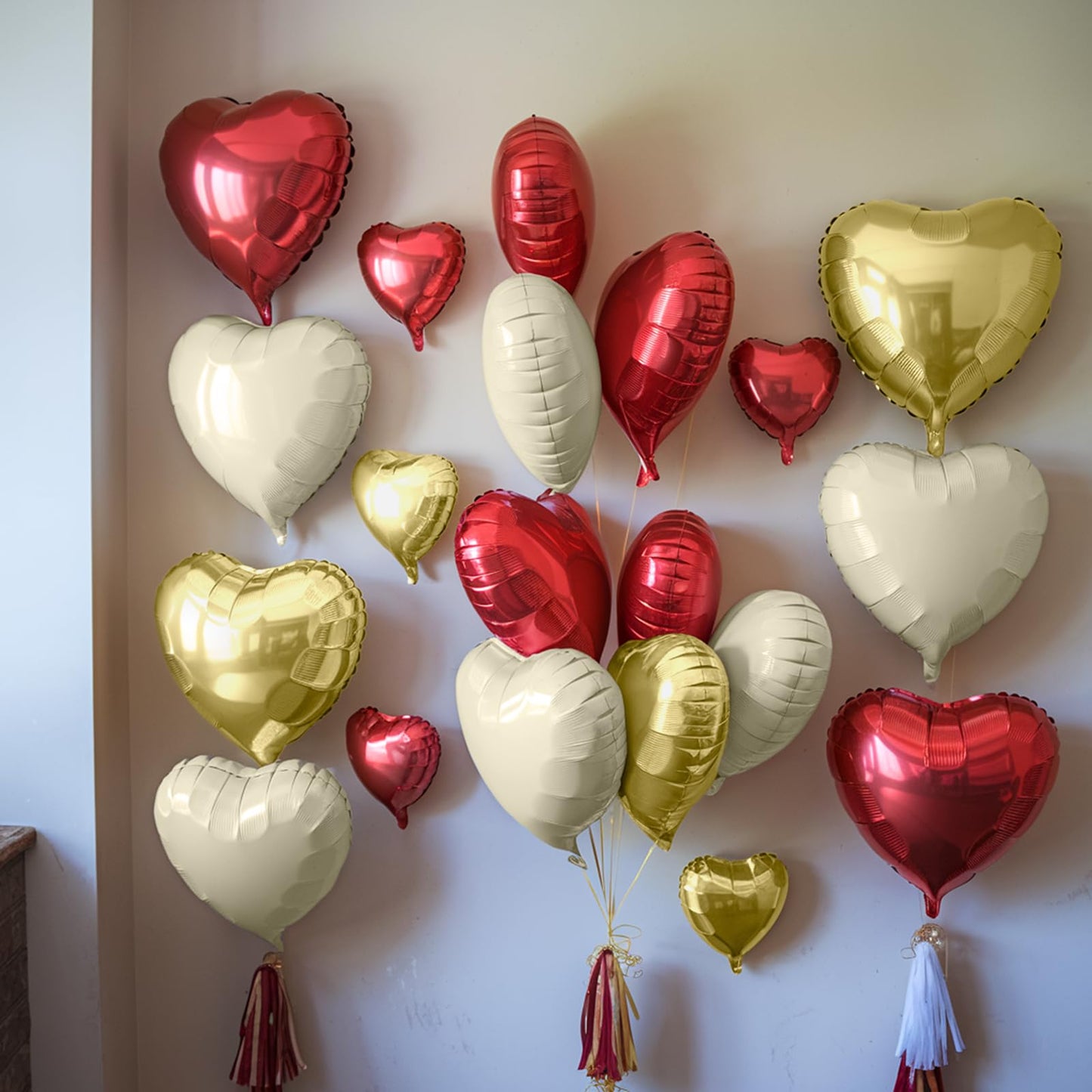 Red Gold Heart Balloons, 19PCS Red White Champagne Gold Heart Shape