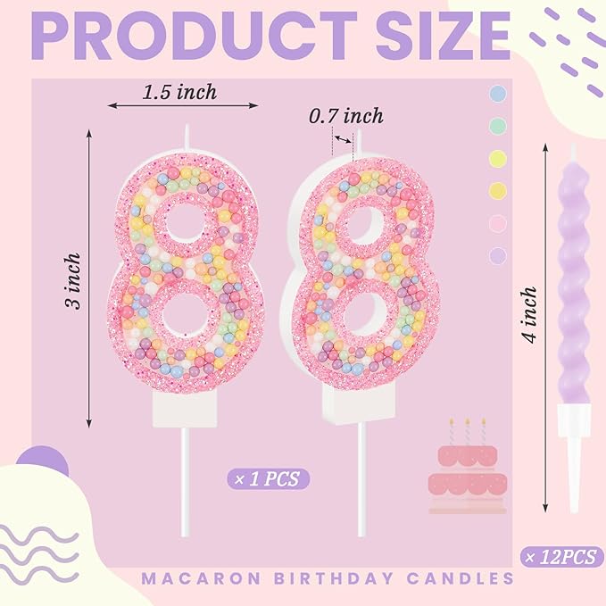 MTLEE Number 8 Birthday Candle with 12 Pcs Spiral Candles for Girls Ma