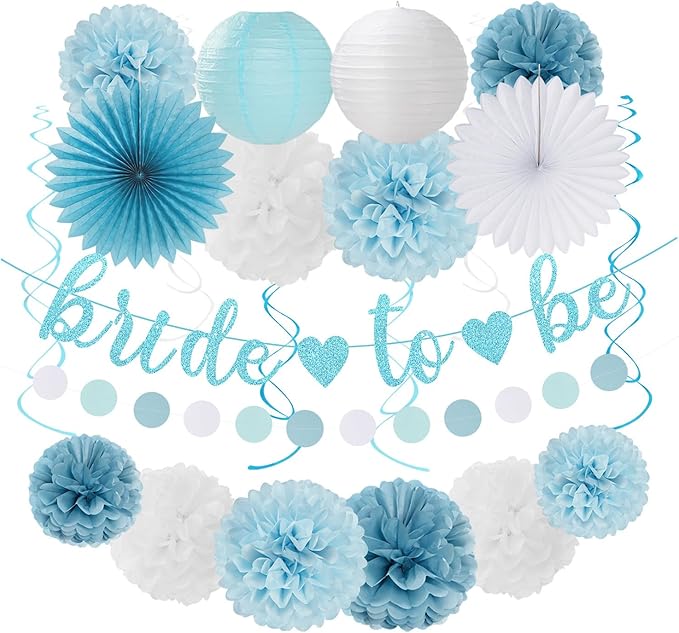 Dusty Blue White Bridal Shower Bachelorette Party Decorations 22pcs