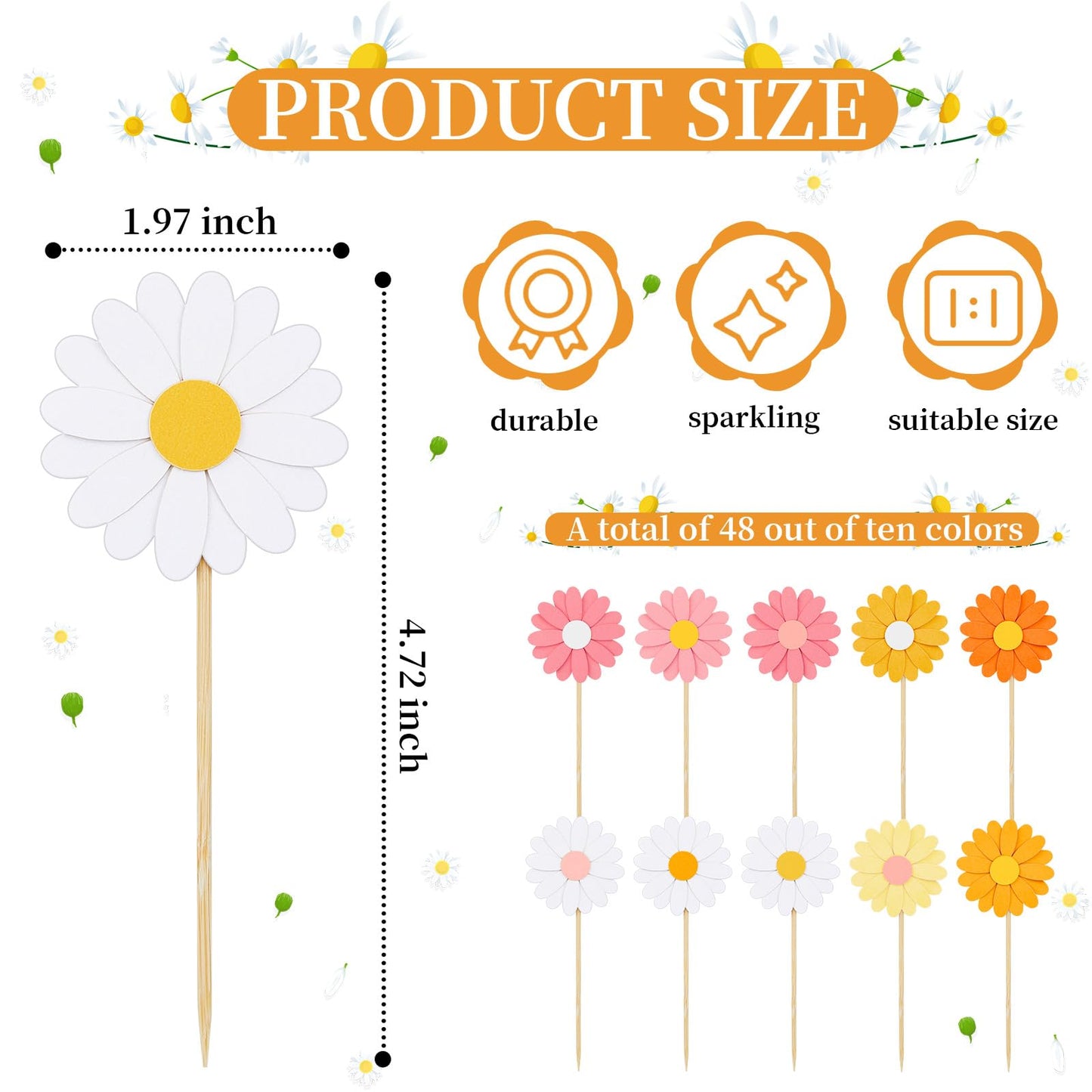 Henoyso 48 Pcs Daisy Cupcake Toppers Groovy Spring Flower Cake Topper