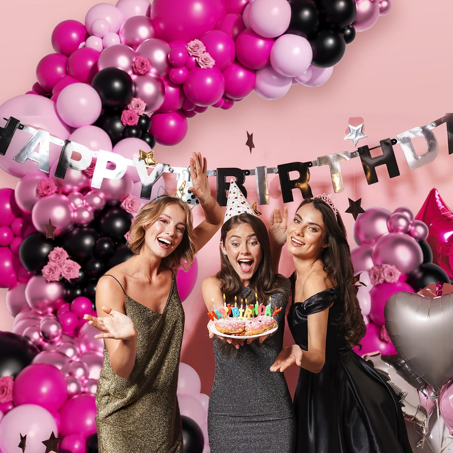 Pink and Black Balloon Arch Kit, Hot Pink Black Light Pink Metallic
