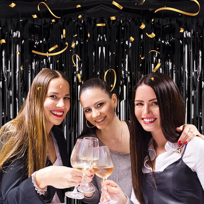 2 Pack 3.2ft x 8.2ft Black Tinsel Foil Fringe Curtains, Metallic Foil