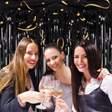 2 Pack 3.2ft x 8.2ft Black Tinsel Foil Fringe Curtains, Metallic Foil